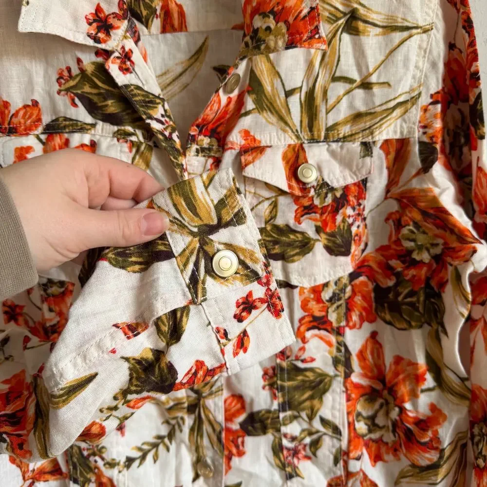 Joie 100% Linen Cream Orange Floral Button Down Collared Jacket Womens XL - Picture 3 of 6
